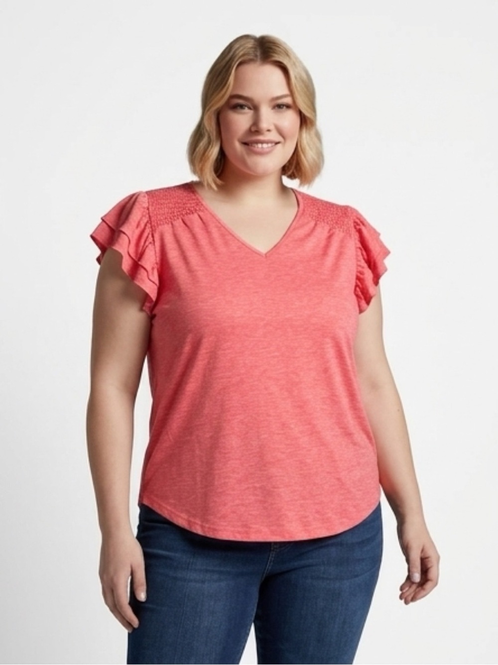 Dokotoo Coral Pink VNeck Short Ruffle Sleeve Top NWT XL